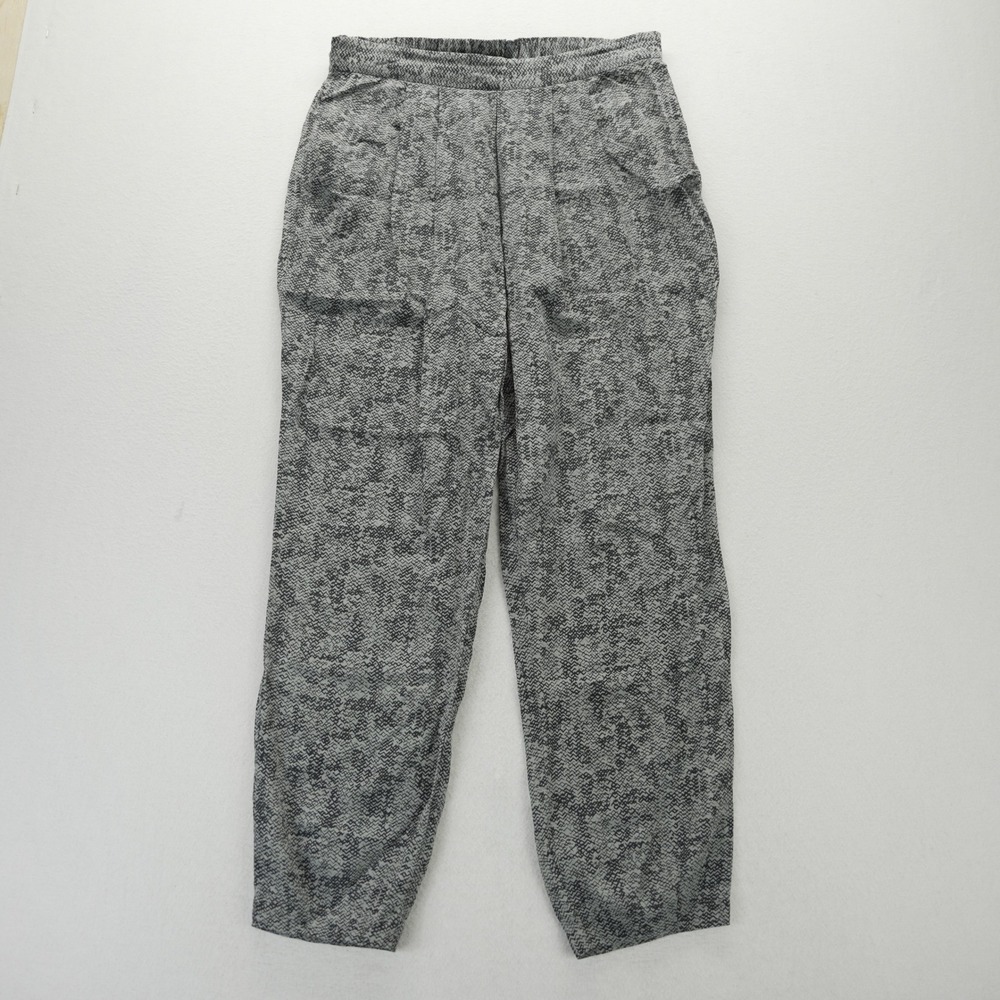 Eileen Fisher XS 100% Silk Tapered Pants Grey Geometric Elastic Waist Pocket